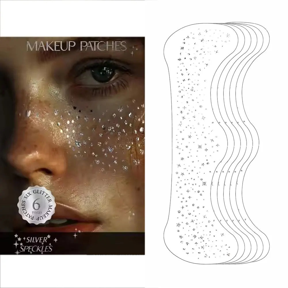 6Pcs Silver Glitter Fake Freckle Tattoo Stickers for Face Makeup Waterproof Gold Temporary Tattoos for Women Holiday Music Party