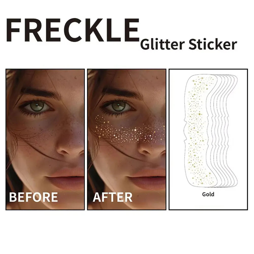 6Pcs Silver Glitter Fake Freckle Tattoo Stickers for Face Makeup Waterproof Gold Temporary Tattoos for Women Holiday Music Party