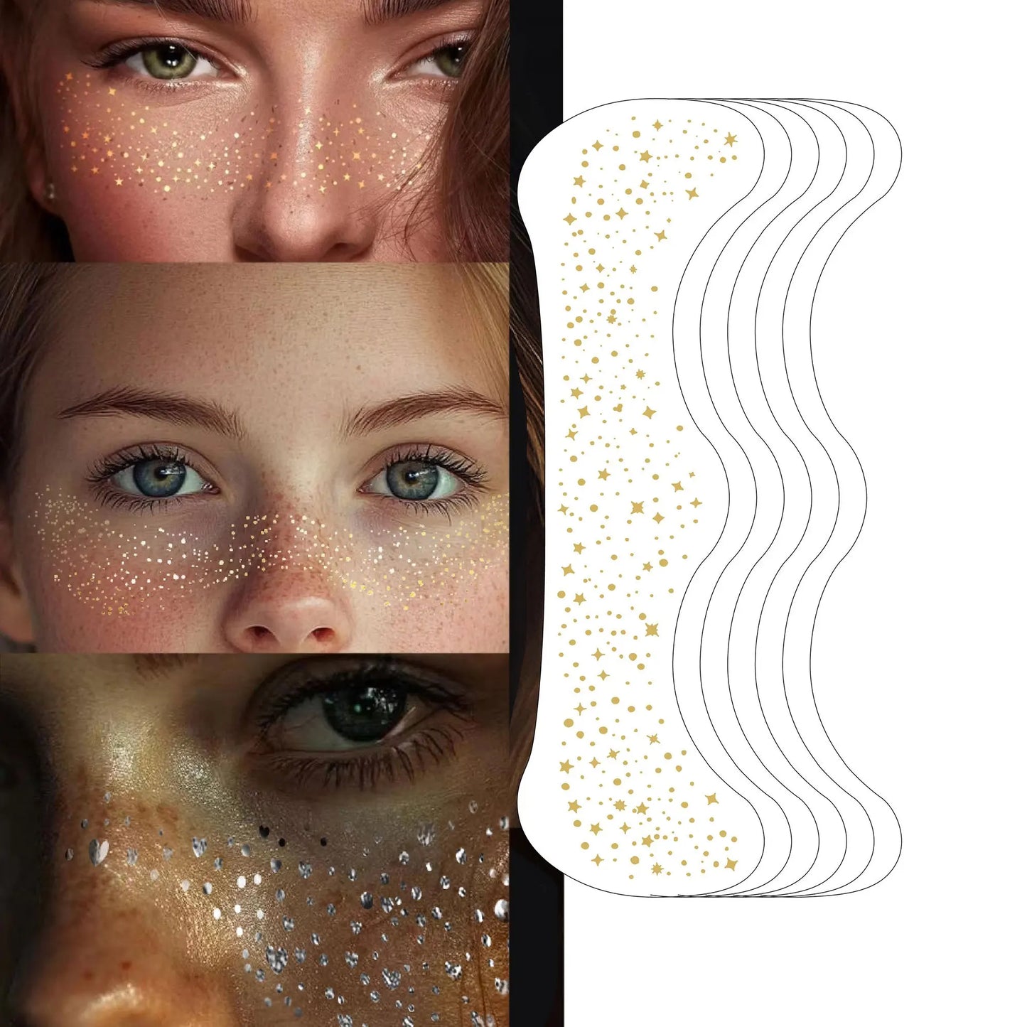 6Pcs Silver Glitter Fake Freckle Tattoo Stickers for Face Makeup Waterproof Gold Temporary Tattoos for Women Holiday Music Party