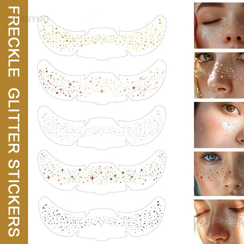 6Pcs Metallic Radiation Golden Silver Fake Freckles Temporary Tattoo Stickers Hot Stamping Freckles Makeup Patches Face Makeup