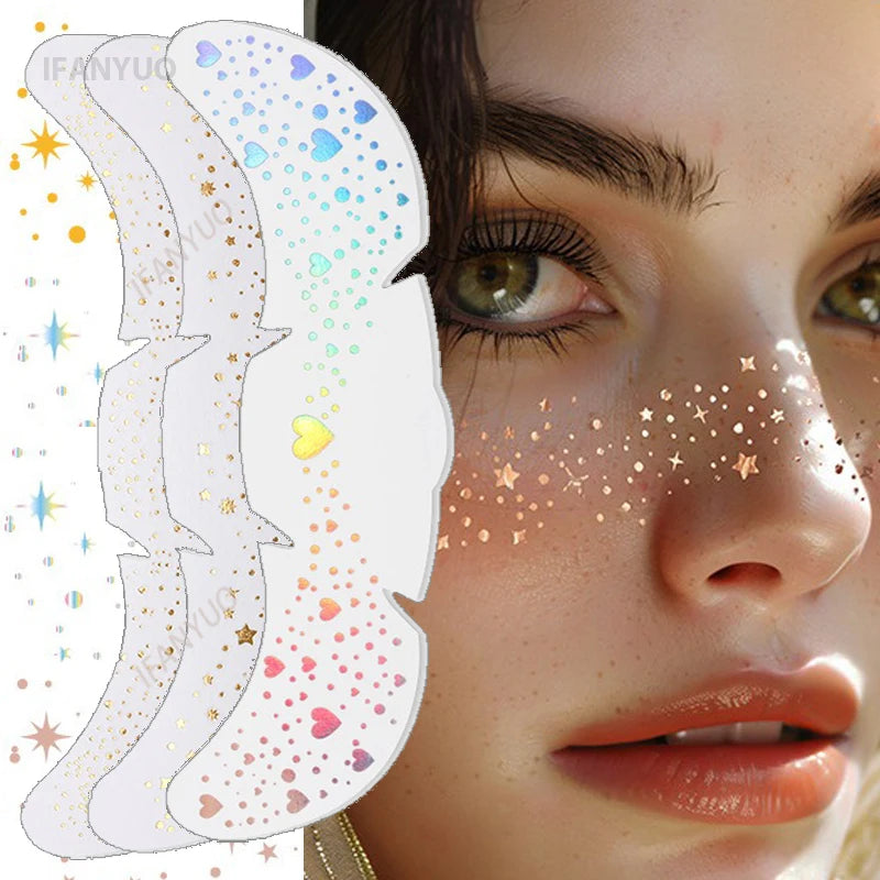 6Pcs Metallic Radiation Golden Silver Fake Freckles Temporary Tattoo Stickers Hot Stamping Freckles Makeup Patches Face Makeup