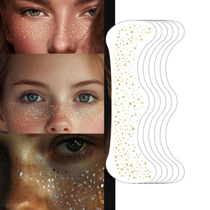 6Pcs Silver Glitter Fake Freckle Tattoo Stickers for Face Makeup Waterproof Gold Temporary Tattoos for Women Holiday Music Party
